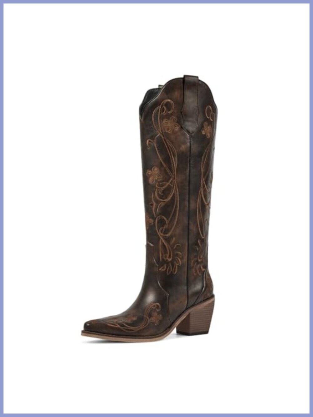 Faux Leather Knee High Cowboy Boots Pointed Toe Block Heel Floral Embroidery